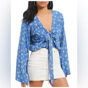 Free People Intimately Floral Bell Sleeve Tie Front Crop Top